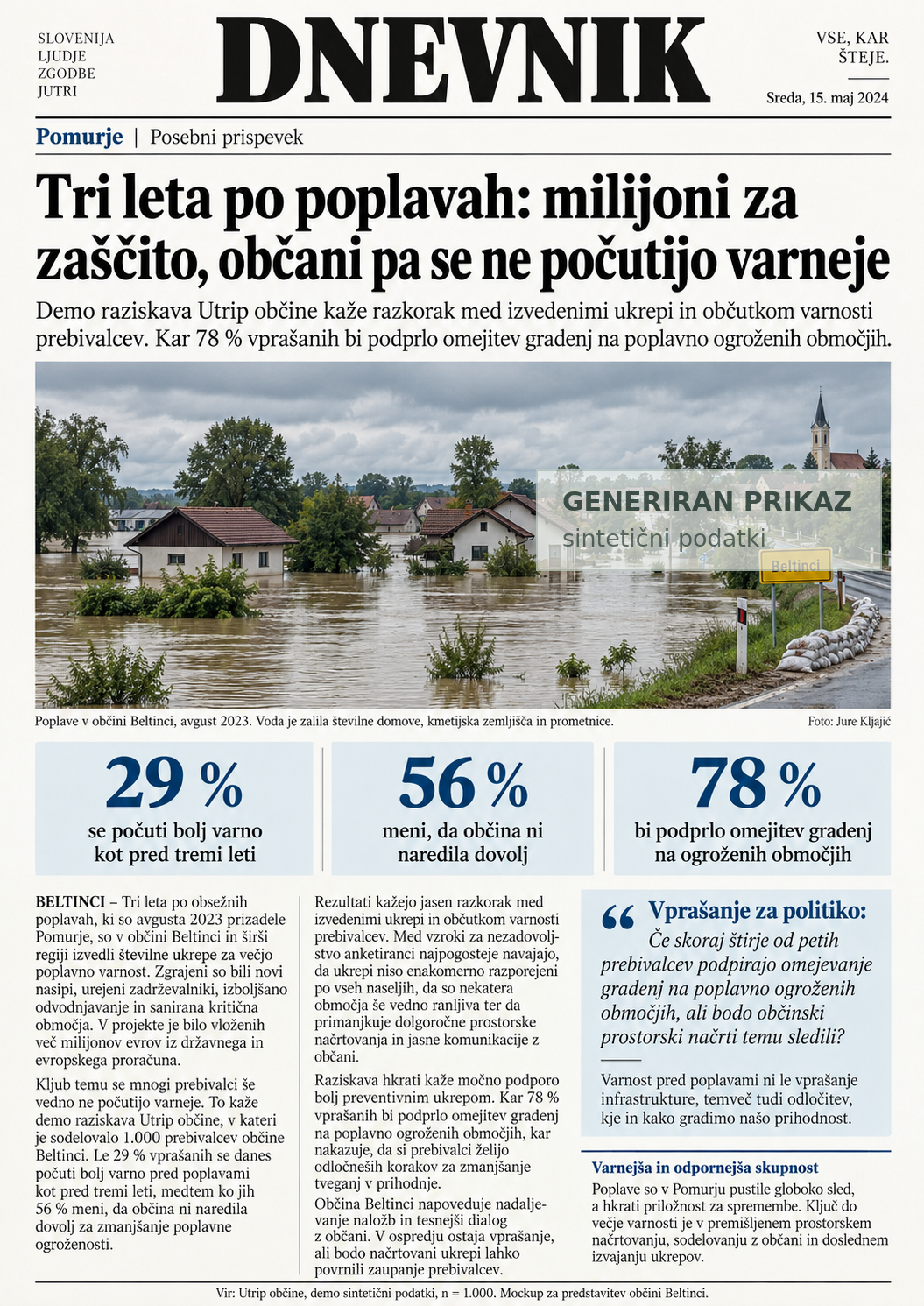 Generiran mockup časopisnega članka o možni uporabi Sensus Utripa pri temi poplav v Beltincih.